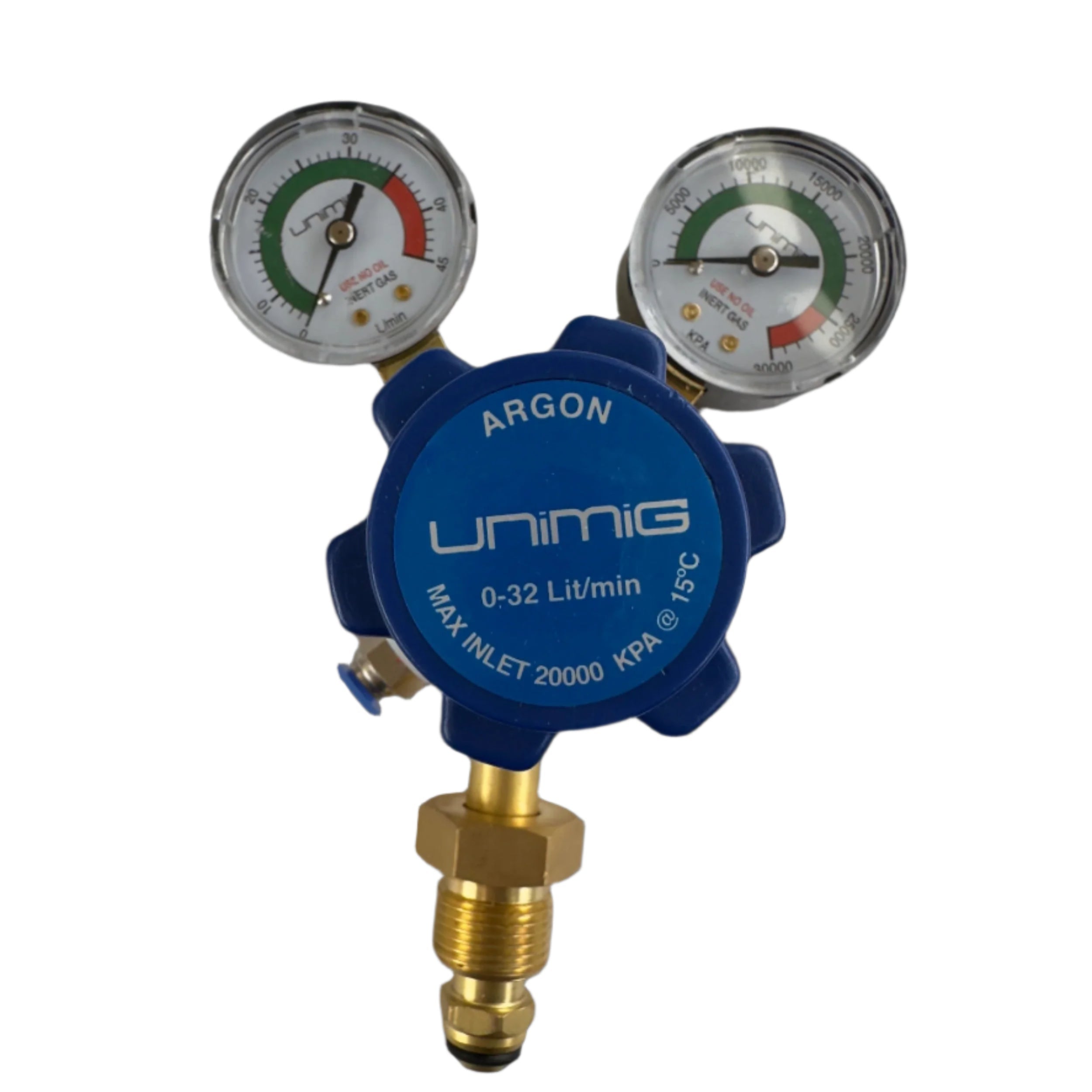Unig Argon gas regulator with two gauges on a white background