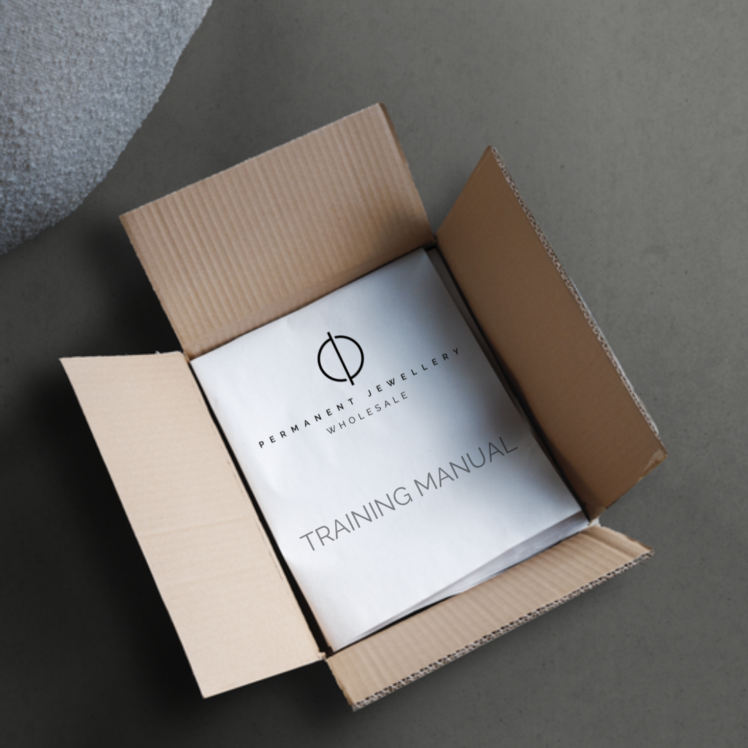 Open cardboard box with a training manual inside on a gray background